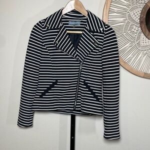 Bagatelle Black White Stripe Asymmetrical Zip Front Stretch Blazer Jacket